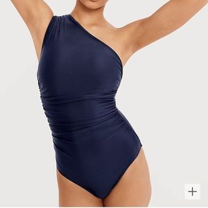 J. Crew Navy Long Torso Ruched One Shoulder One Piece Swimsuit Size 12